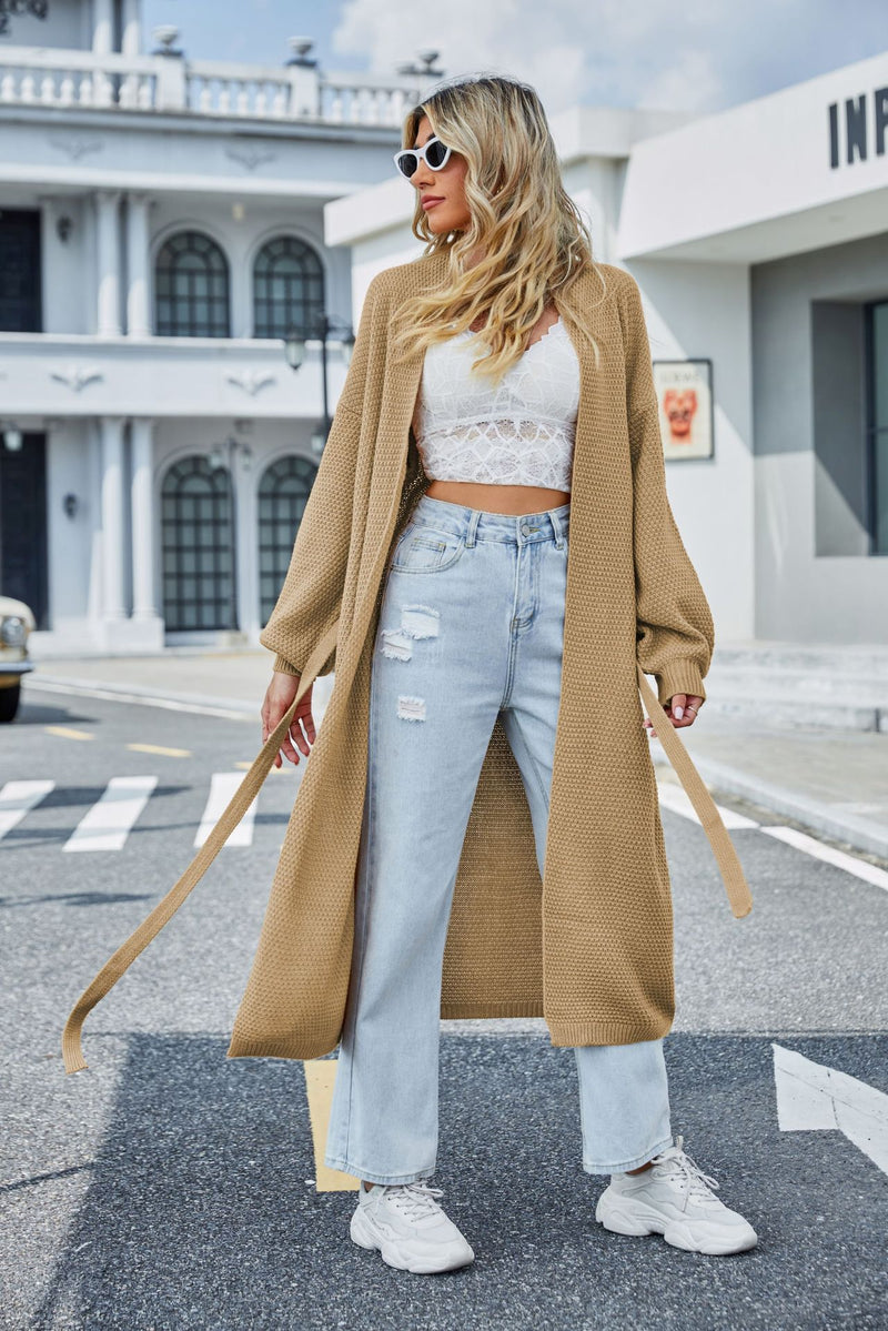 Autumn Winter Women Clothing Simple Solid Color Belt Knitted Cardigan Loose Sweater Coat Women