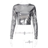 Women Clothing Winter Slim Fit Cropped All Matching Long Sleeve Top Women Metallic Coated Fabric