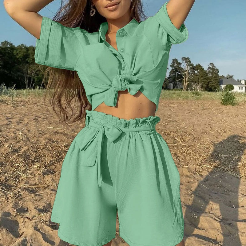 Women Clothing Solid Color Single-Breasted Short Sleeve Shirt Strap Casual Beach Two-Piece Set