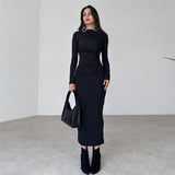 Autumn Winter Women Clothing Round Neck Long Sleeve Slim Sheath Solid Color Dress