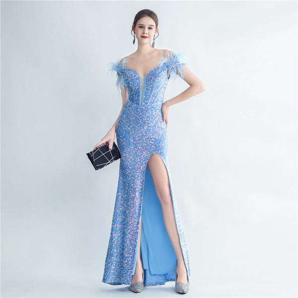 Boning Corset Ostrich Feather Back Lash Rope Bra Velvet High Density Sequined Fishtail Evening Dress