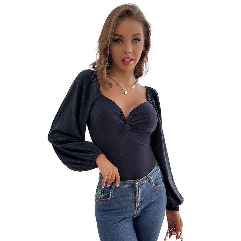 Jumpsuit Women Twisted V Neck Long Sleeve Tight Jumpsuit