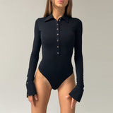 Trend Sexy Slim Long Sleeve Button Collared Bodysuit Autumn Winter Women Clothing