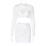 Women Clothing Autumn Sexy Hollow Out Cutout out Long Sleeve Top Slim Skirt Set