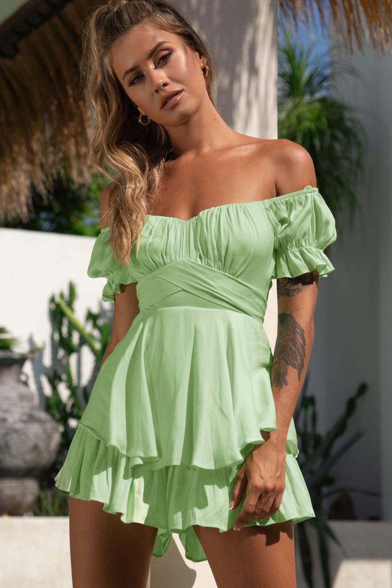 Solid Color Fashion Sexy off Neck Lantern Ruffle Sleeve  Casual Summer Women Clothing Short  Romper - Angelique