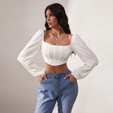 Frauen Kleidung Frühling Sommer Casual Taille Eng Ultra Kurze Gefaltete Lange Hülse Frauen T-shirt Tops