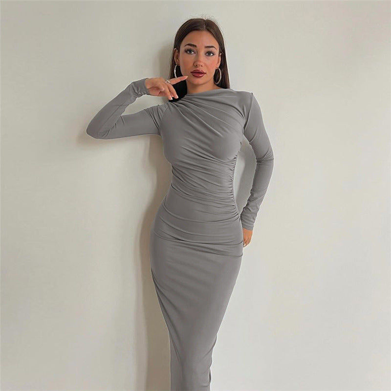 Autumn Winter Women Clothing Round Neck Long Sleeve Slim Sheath Solid Color Dress