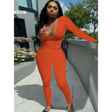 Women Clothing Sexy Deep V Plunge Plunge Long Sleeve Trousers Suit Solid Color Sanding Stretch Two-Piece Set for Women