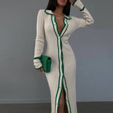 Slim Collared Patchwork Women Long Sleeved Cardigan Dress