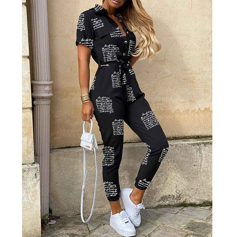 Women Clothing Trousers Casual Collared Button Printed Belt Cargo Overalls Plus size - Angelique