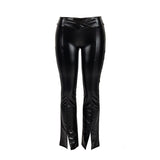 Autumn Solid Color Long Fitted Boot Cut Split Leather Pants Women Trousers