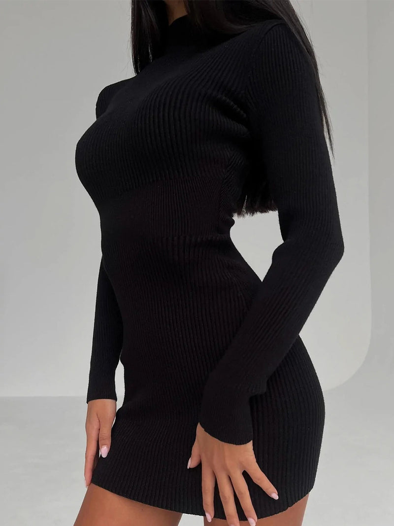 Long Sleeve Knitted Dress Autumn Winter Hollow Out Cutout Sexy Skinny Short Dress