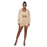 Frühling Herbst Urban Casual Einfarbig Strickjacke Mit Kapuze Shorts Frauen Samt Langarm Sweatshirt Anzug Zwei Stück Set