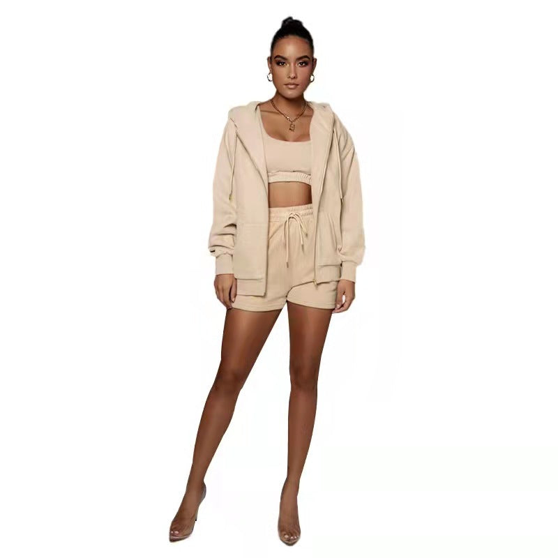 Frühling Herbst Urban Casual Einfarbig Strickjacke Mit Kapuze Shorts Frauen Samt Langarm Sweatshirt Anzug Zwei Stück Set