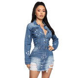 Ripped Jumpsuit Denim Spring Autumn Splash Ink Washed Blue Slim Denim Jacket - Angelique