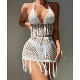 Knitted Lace Up Tassel Bikini Skirt Outfit Sexy Bikini Beach Cover Up