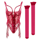 Sexy See through Dress Mesh Lace Garter Side One Piece Underwear Women Sexy Tight Jumpsuit Two Piece Set