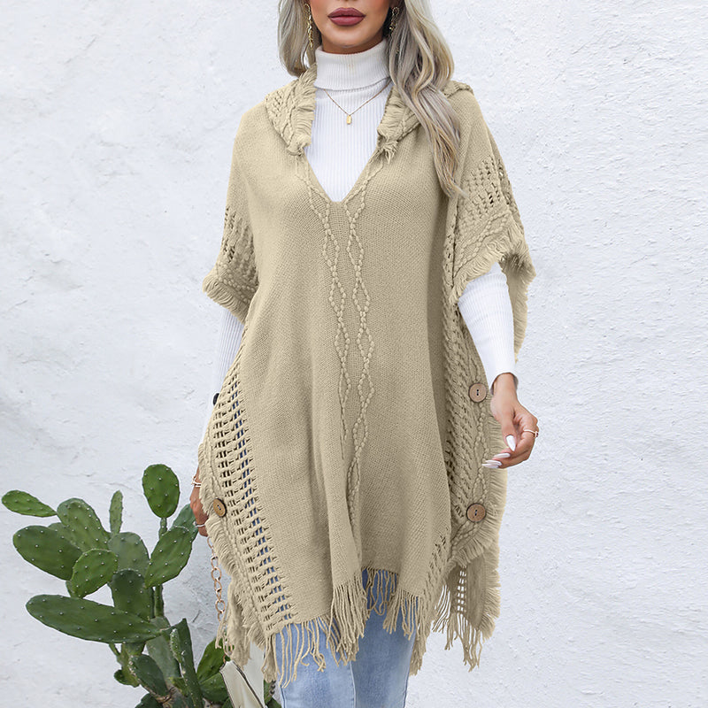 Women Clothing Casual Loose V neck Hooded Pullover Mid-Length Sweater Waistcoat Cloak Jacket