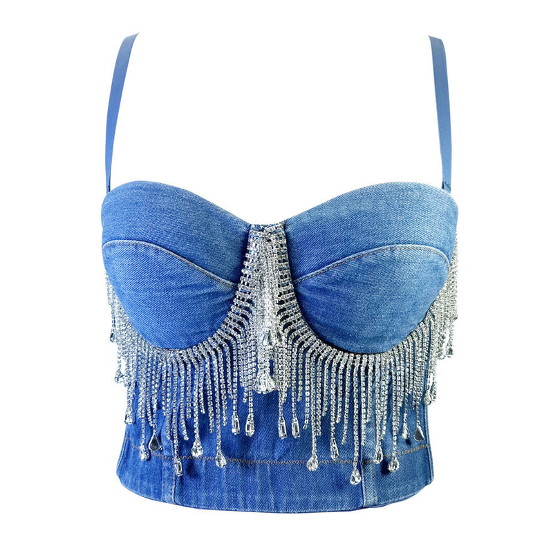 Slim Denim Corset Stitching Rhinestone Tassel Beaded Boning Corset Strap Nightclub Rock Wind Wrapped Chest