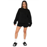 Baumwolle Herbst Winter Einfarbig rundhals Pullover Langarm Pullover Frauen Casual Shorts Set