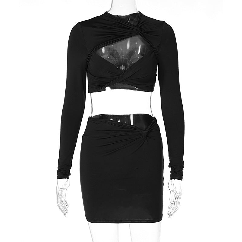 Women Clothing Autumn Sexy Hollow Out Cutout out Long Sleeve Top Slim Skirt Set