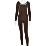 Sexy Soft High Elastic Long Sleeve Tights U Collar Stitching Trousers Jumpsuit