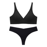 Seamless Thin Underwear Wireless Comfortable Soft Support Sexy V-Shaped Bra T-Back Suit Women