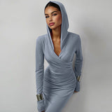 Women Clothing Winter Slim Fit Hood Sports Casual Solid Color Dress