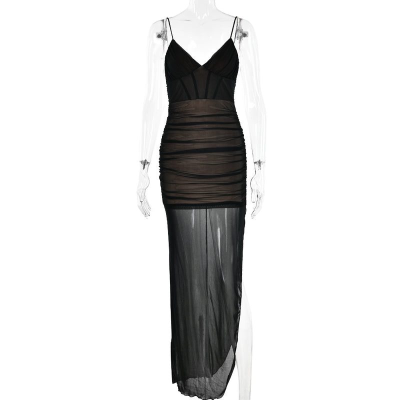 Summer V neck Strap Dress Women Sexy See through Gauze Stitching High Slit Maxi Dress - Angelique