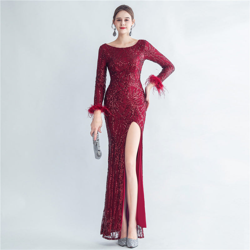 High Density Ostrich Feather Sequin Long Sleeve Fishtail High End Evening Dress - Angelique