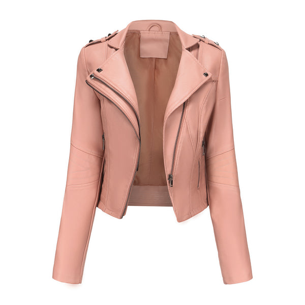 Slim Fit Long Sleeved Spring Autumn Leather Jacket Women Rivet Popular Short Jacket Zipper Leather Jacket