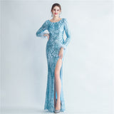 High Density Ostrich Feather Sequin Long Sleeve Fishtail High End Evening Dress - Angelique