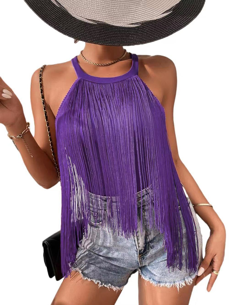 Women Solid Color Sleeveless Halter Tops Ladies Tassel Beach Swimsuit - Angelique