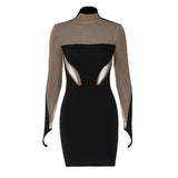 Women Clothing Winter Sexy Mesh Slim Fit Patchwork Long Sleeve Narrow Dress