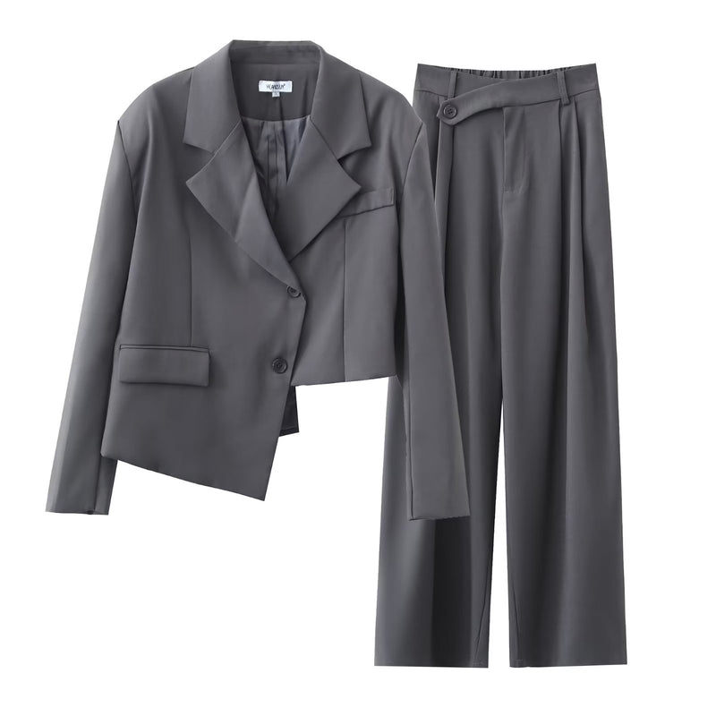 Herbst Winter Unregelmäßige Asymmetrische Design Kurzen Blazer Hohe Taille Breite Bein Hosen Set