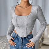 Frauen Kleidung Herbst Winter Slim Fit Kurze Gestrickte Lange Ärmeln T-shirt Asymmetrische Tops