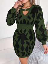 Autumn Winter Casual Color Matching Hollow Out Cutout out Lantern Sleeve Fitted Waist Sweater Dress Women Clothing