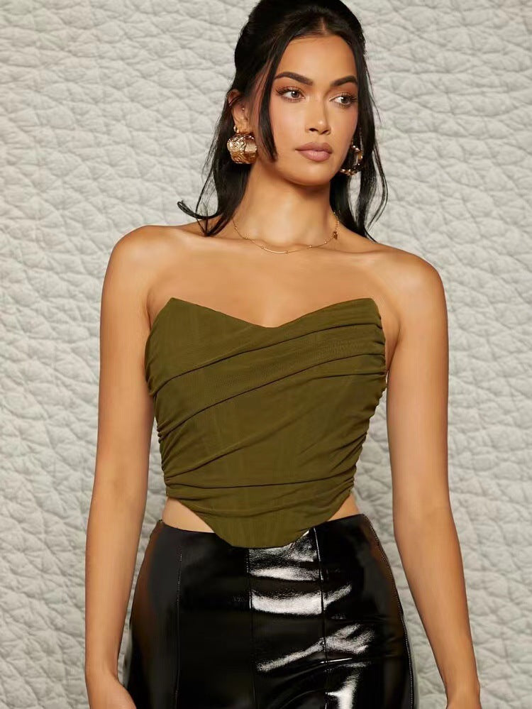 Trend Sexy Boning Korsett Boning Korsett Plissee Reißverschluss Mesh Tube Top abgeschnitten Outfit Top für Frauen