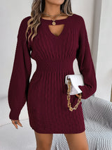 Autumn Winter Solid Color Twist Hollow Out Cutout out Lantern Sleeve Package Hip Sweater Dress Women Clothing