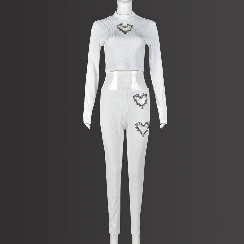 Two Piece Suit Autumn Winter Long Sleeve Hollow Out Cutout Love Rhinestone Sexy Pants Suit