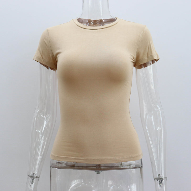 Spring Summer Basic round Neck Short Sleeve T shirt Women Tight Sexy Simple Solid Color Top Women