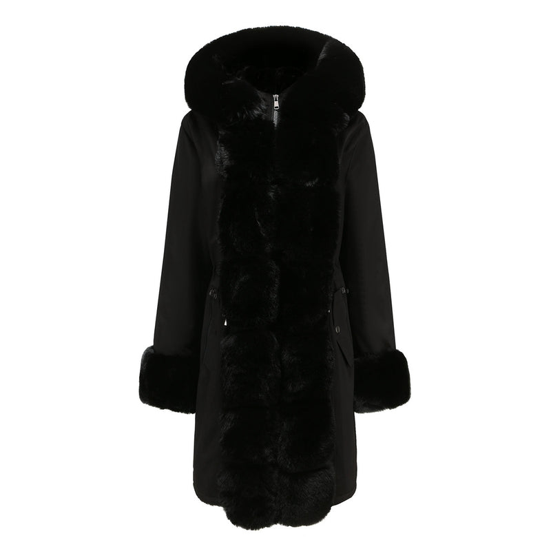 Winter Cotton Coat Women Detachable Fur Collar Mid Length Long Sleeve Parka Solid Color Hooded Warm Cotton Padded Jacket