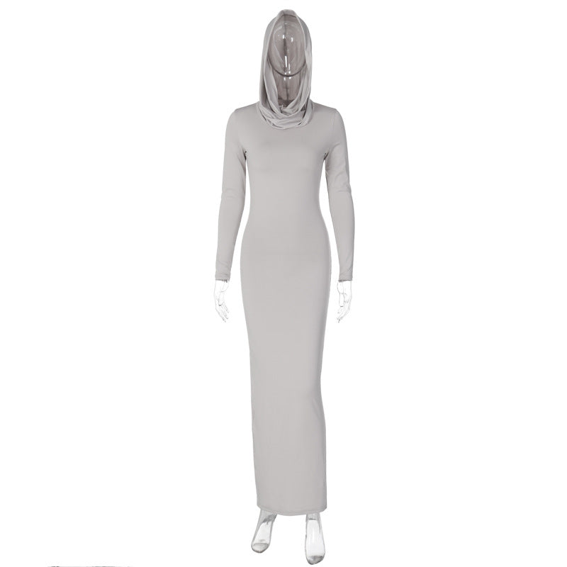 Women Clothing Summer Slim Fit Hood Back Slit Solid Color Dress