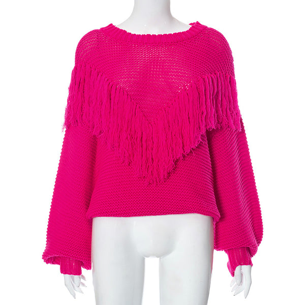 Women Clothing Autumn Winter Loose Fitting Long Sleeves Tassel Knitted Top