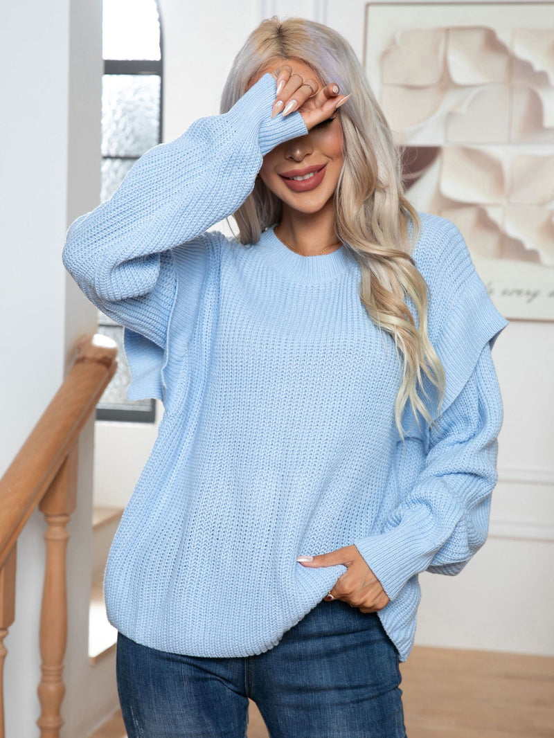 Drop Shoulder Long Sleeve Loose Knitted Sweater Clothing