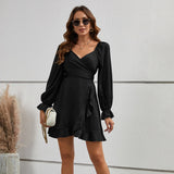 Women Clothing V Neck Flounce Lace Up Long Sleeve Slimming Women Dress