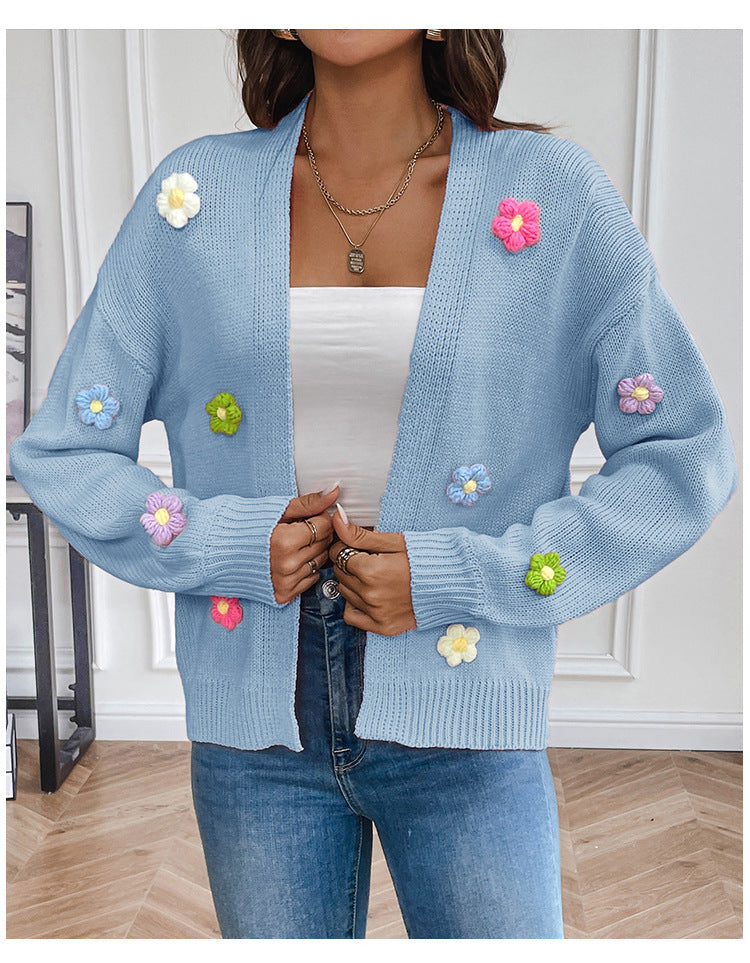 Hand Crocheting Floral Sweet Knitted Cardigan Sweater Coat Women Idle Casual Loose Sweater