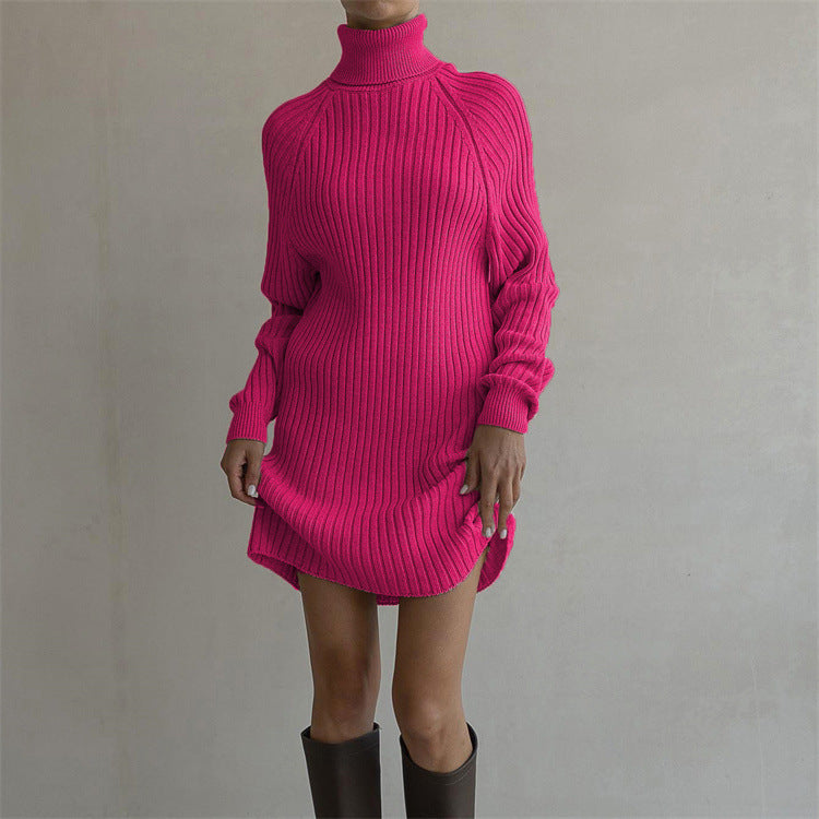 Long Sleeve High Collar Sweater Dress Women Casual Loose Thick Sunken Stripe Solid Color Sheath Autumn Winter Knitting Dress