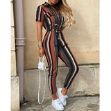 Women Clothing Trousers Casual Collared Button Printed Belt Cargo Overalls Plus size - Angelique