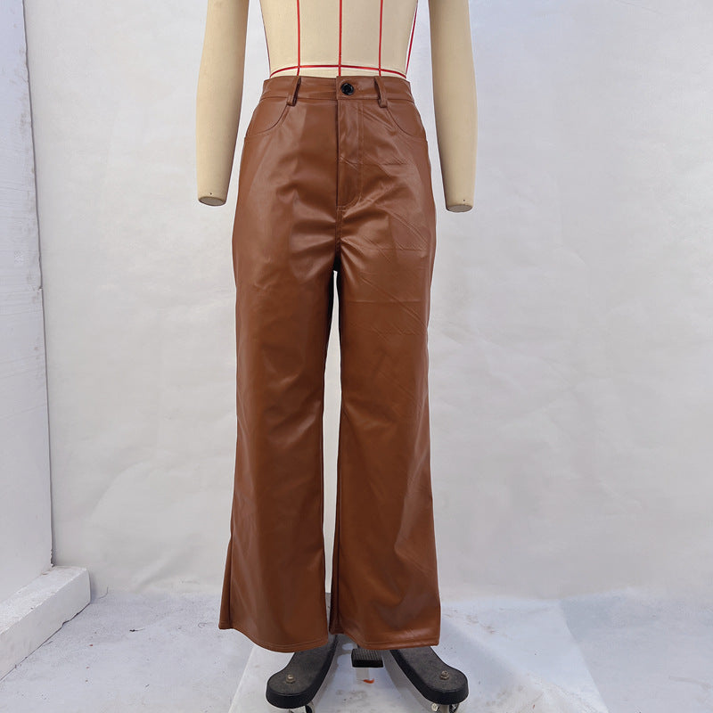 Women Clothing Autumn Winter High Waist Faux Leather Wide Leg Straight Casual Leather Pants Retro Trousers Women